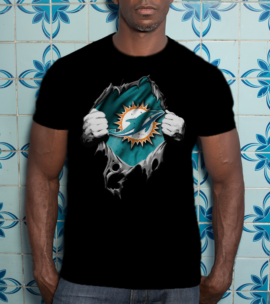 Torn Miami Dolphins Logo Revealed Through Ripped Fabric T-Shirt