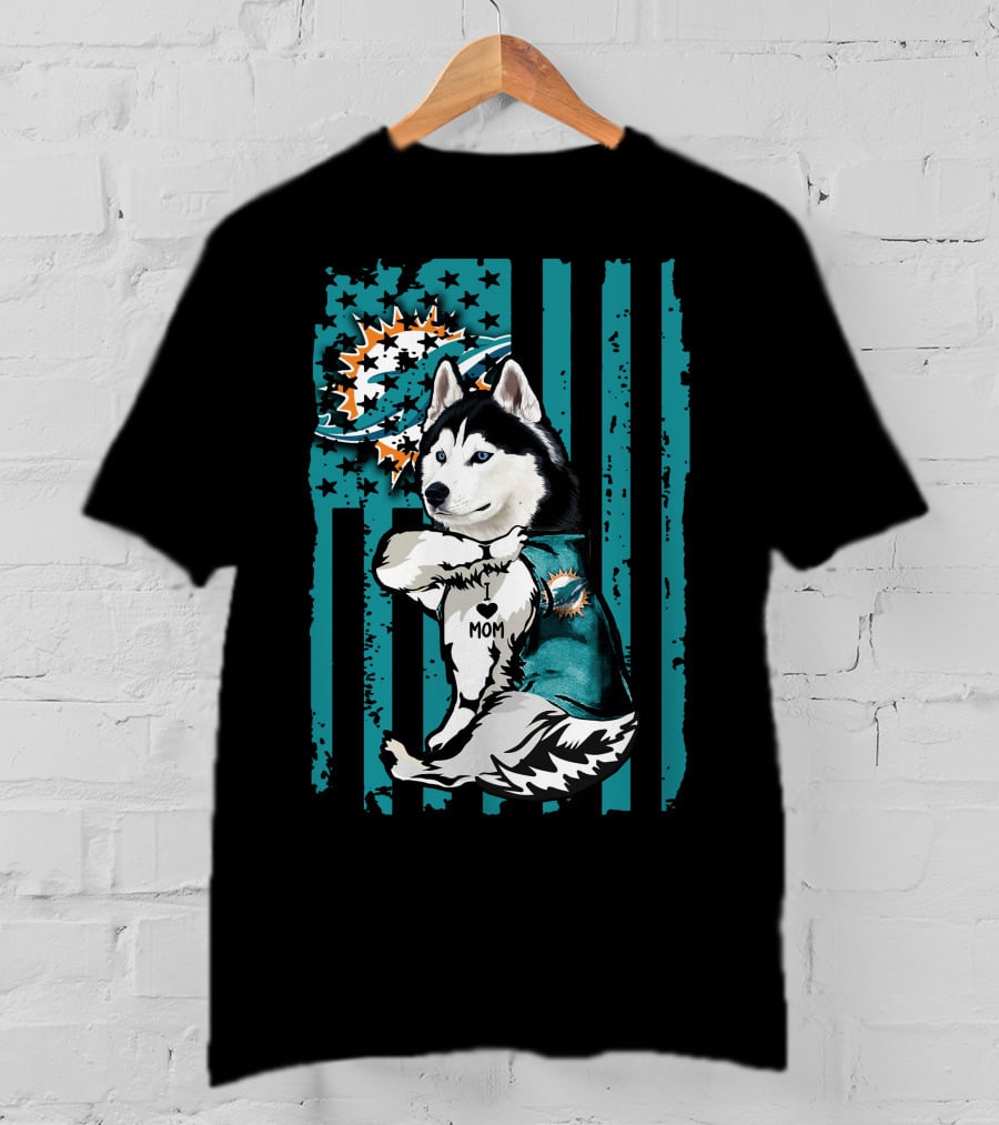 Siberian Husky Miami Dolphins Heart Mom Football Fan Flag T-Shirt