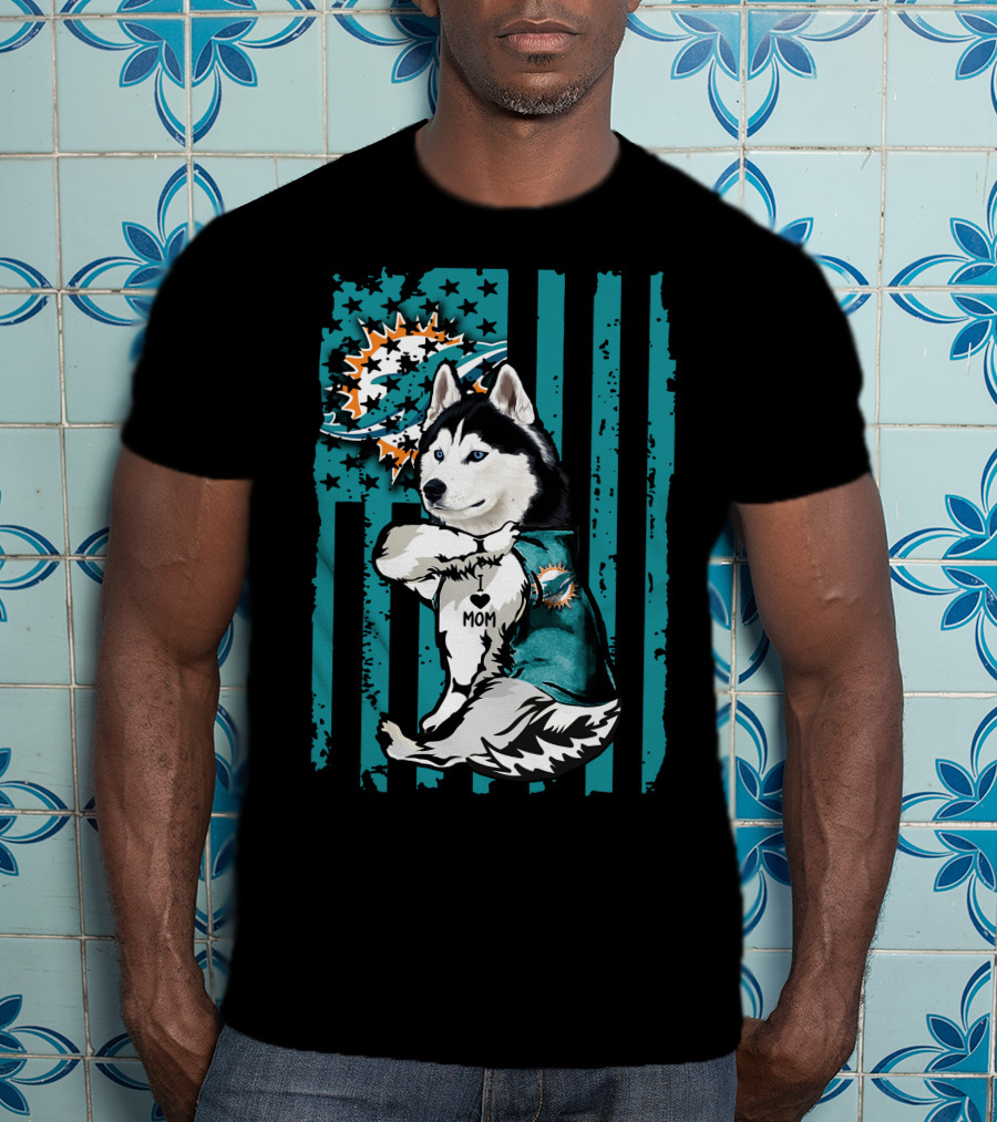 Siberian Husky Miami Dolphins Heart Mom Football Fan Flag T-Shirt