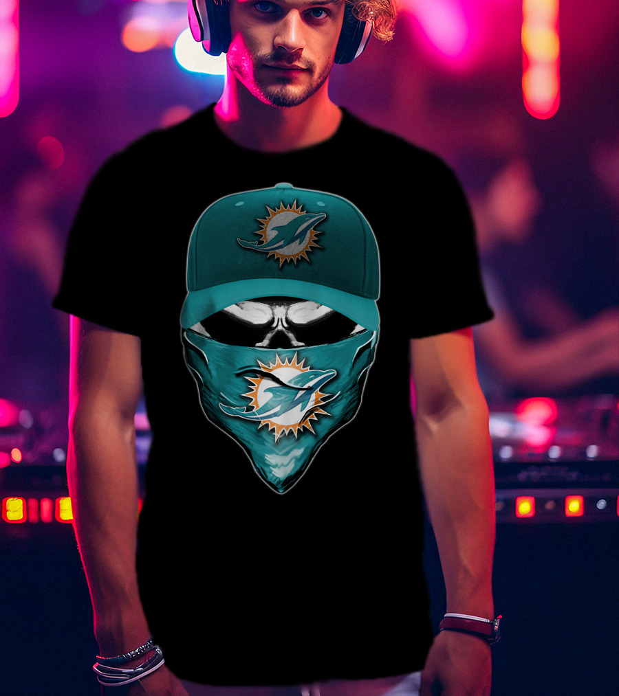 Skull Miami Dolphins Logo Hat And Bandana T-Shirt