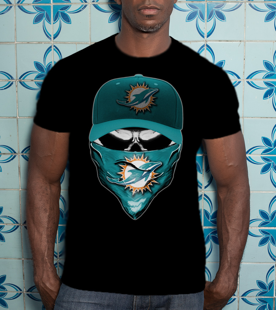 Skull Miami Dolphins Logo Hat And Bandana T-Shirt