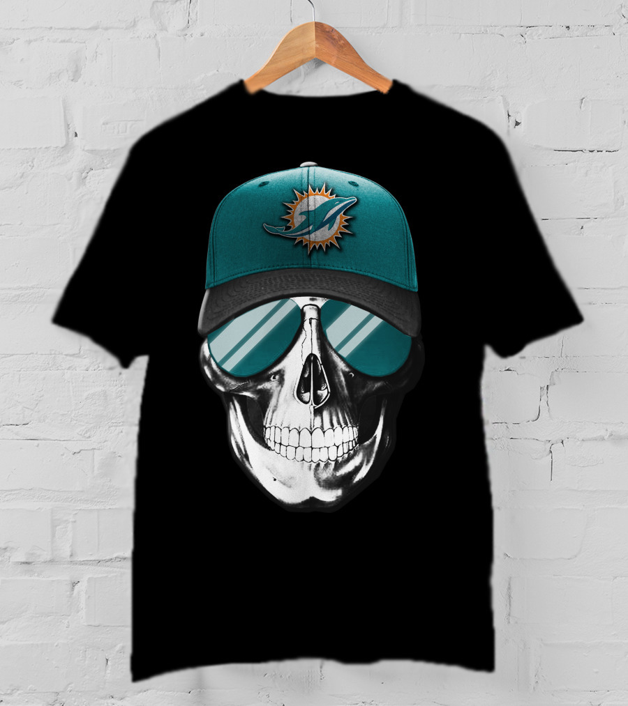 Skull With Miami Dolphins Hat And Sunglasses T-Shirt