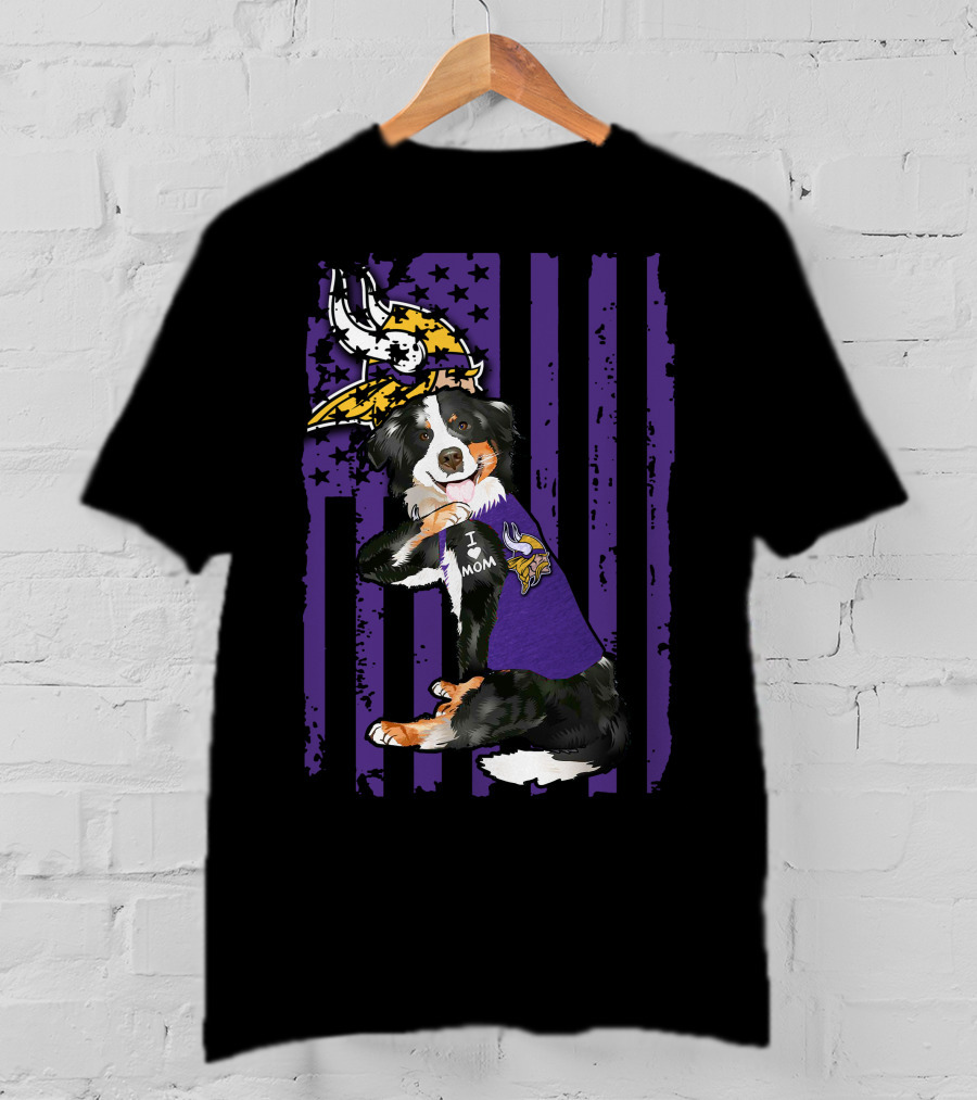 I Love Mom Border Collie With Minnesota Vikings Flag Background T-Shirt