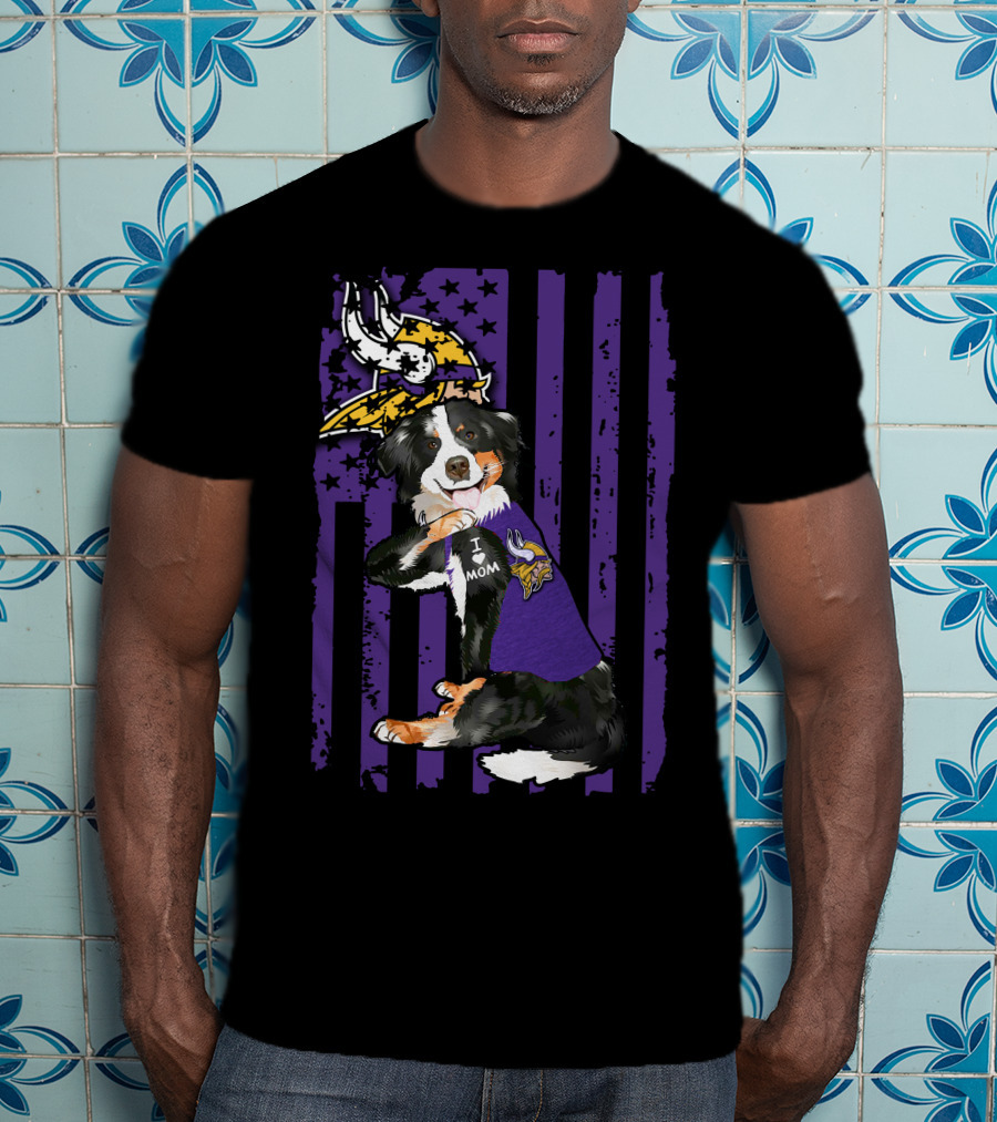 I Love Mom Border Collie With Minnesota Vikings Flag Background T-Shirt