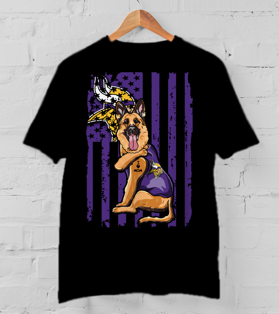 German Shepherd Minnesota Vikings Dog Wearing Jersey With Vikings Logo And I Love Mom Tattoo T-Shirt
