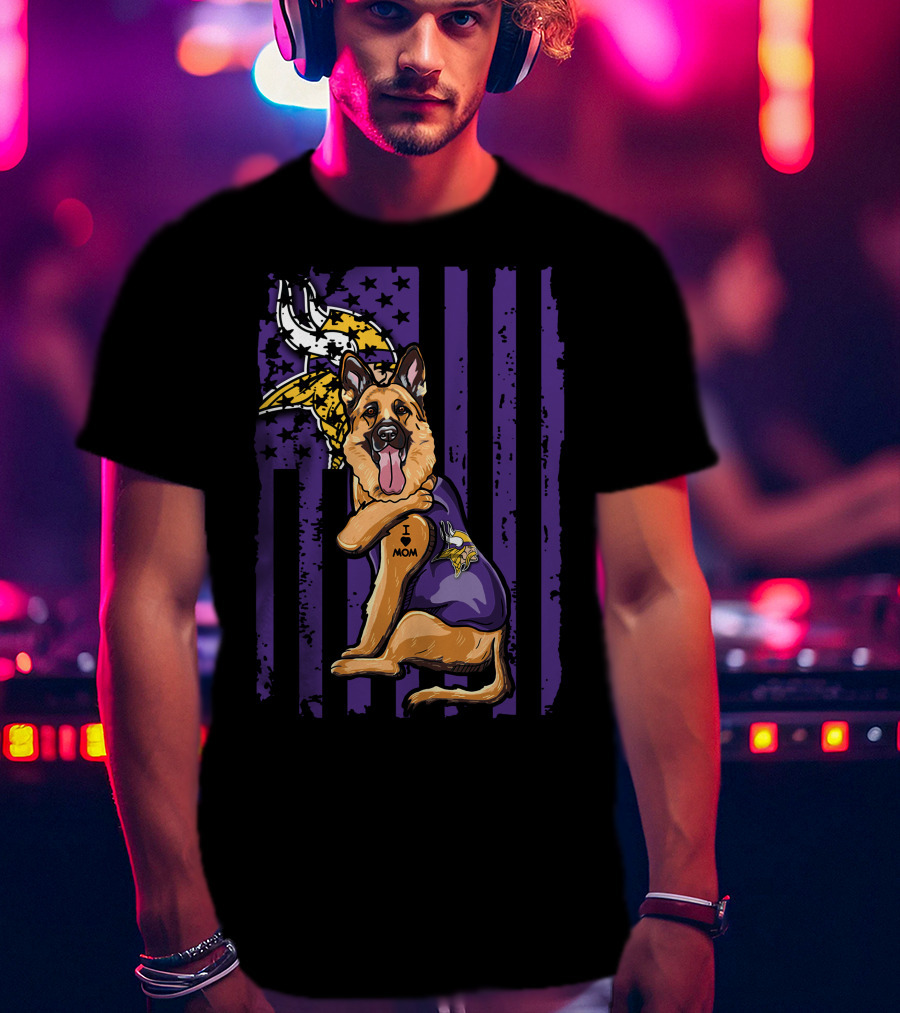 German Shepherd Minnesota Vikings Dog Wearing Jersey With Vikings Logo And I Love Mom Tattoo T-Shirt