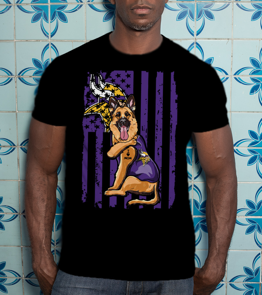 German Shepherd Minnesota Vikings Dog Wearing Jersey With Vikings Logo And I Love Mom Tattoo T-Shirt
