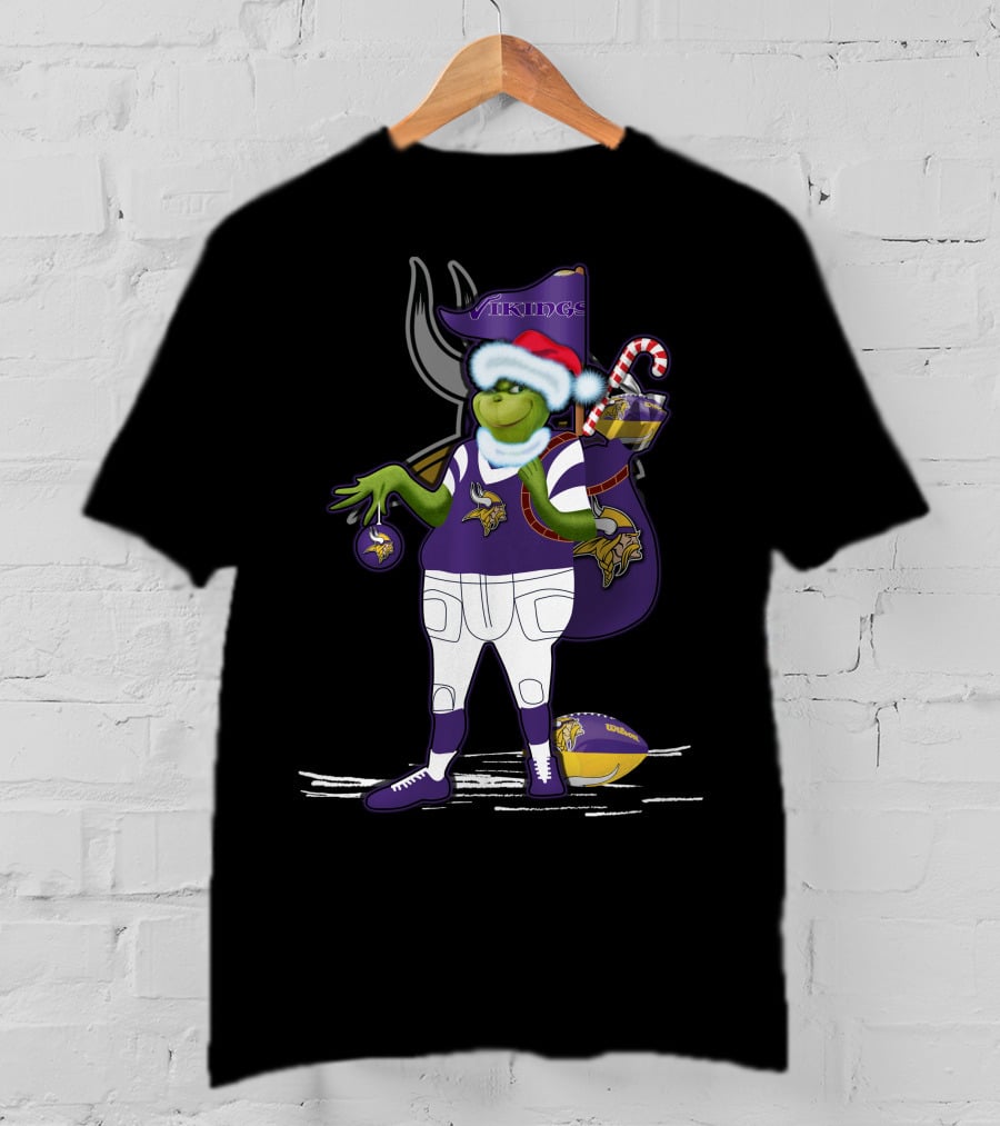 Grinchxmas Minnesota Vikings Santa Hat Candy Cane Football T-Shirt