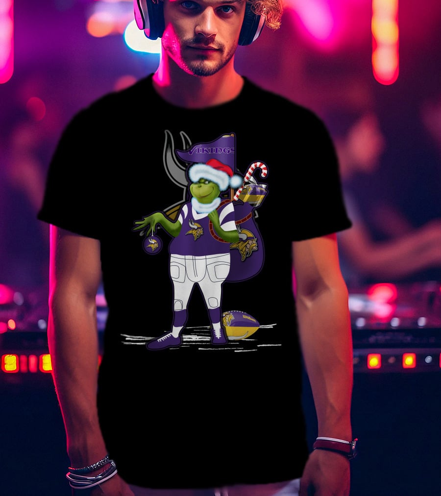 Grinchxmas Minnesota Vikings Santa Hat Candy Cane Football T-Shirt