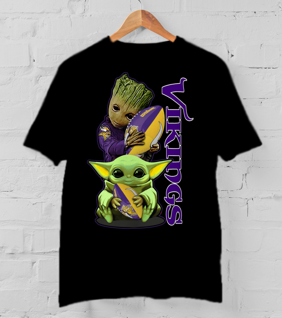 Grzd Minnesota Vikings Groot And Baby Yoda Football Fan T-Shirt