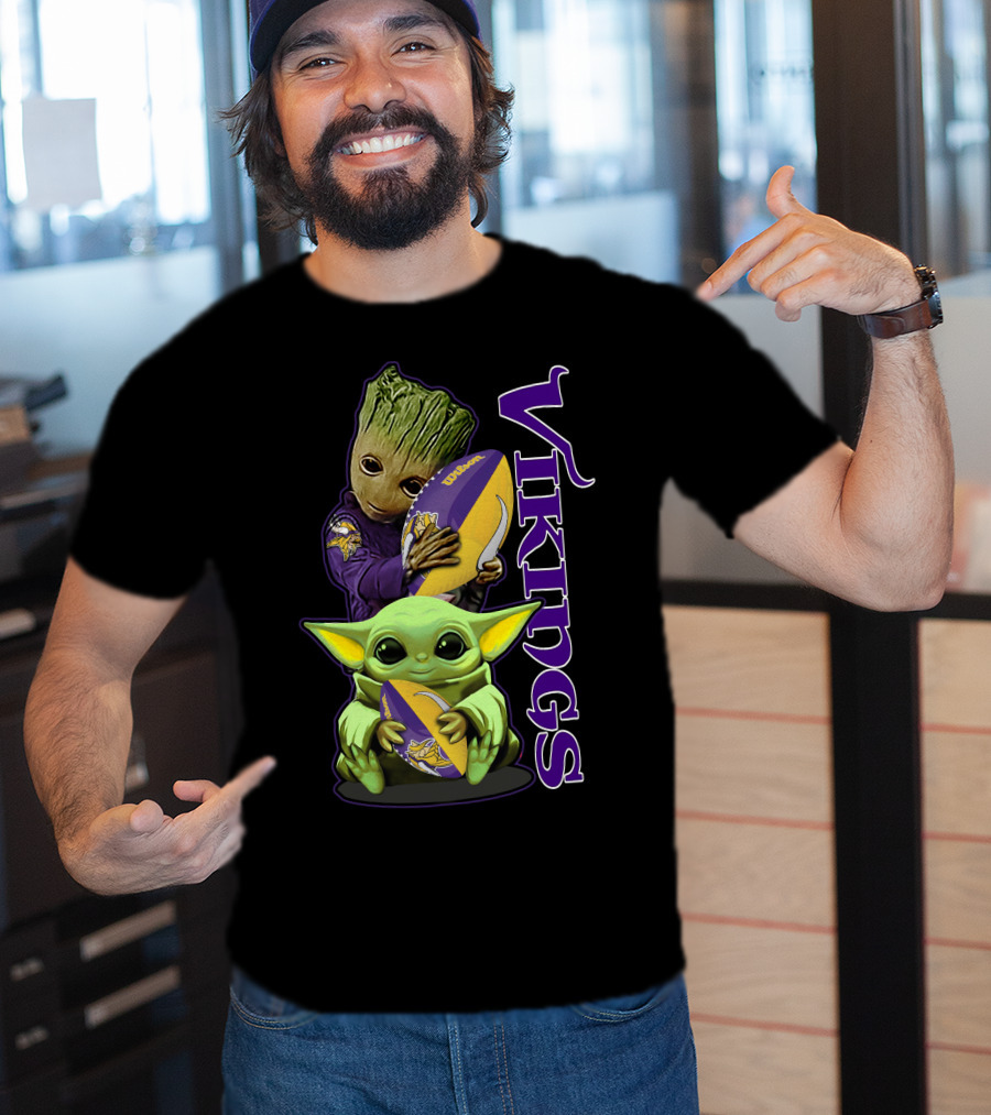 Grzd Minnesota Vikings Groot And Baby Yoda Football Fan T-Shirt