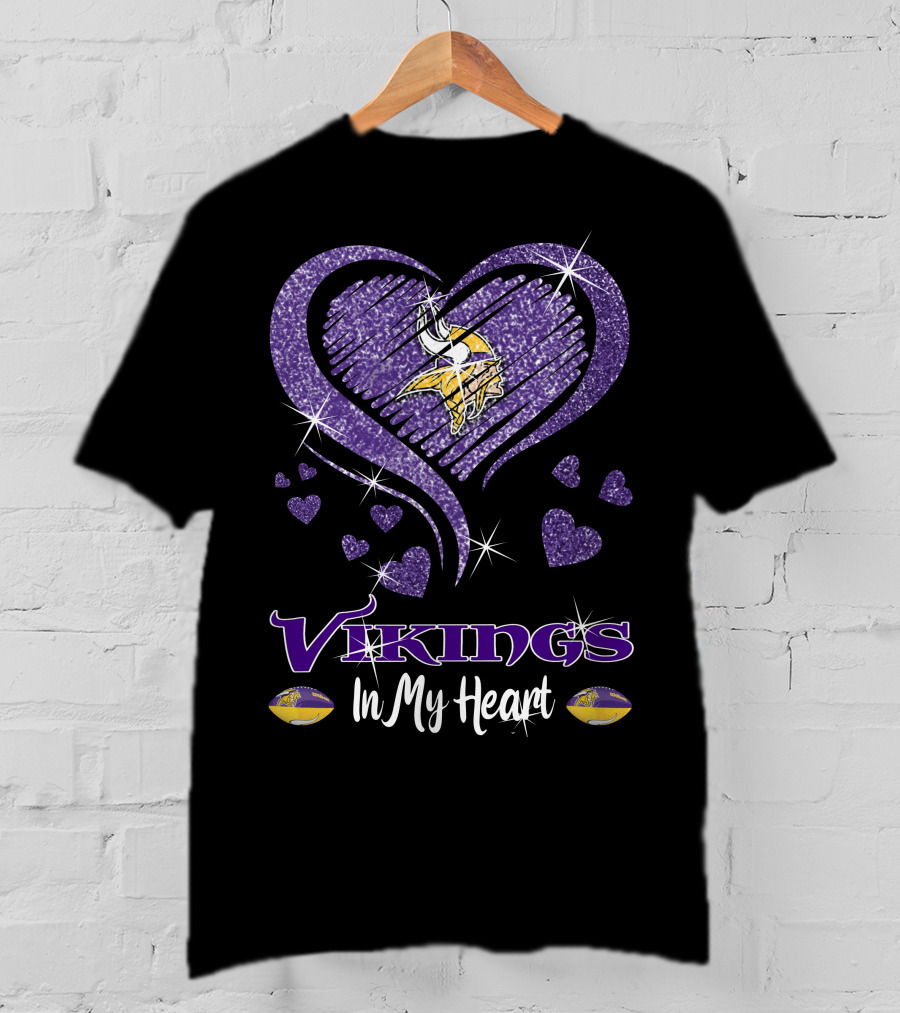 Vikings In My Heart Minnesota Vikings Logo Purple Sparkling Hearts T-Shirt