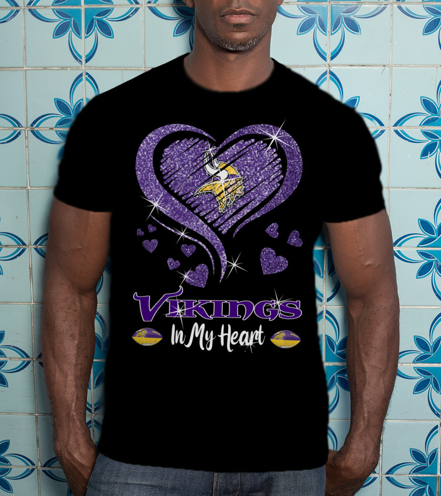 Vikings In My Heart Minnesota Vikings Logo Purple Sparkling Hearts T-Shirt