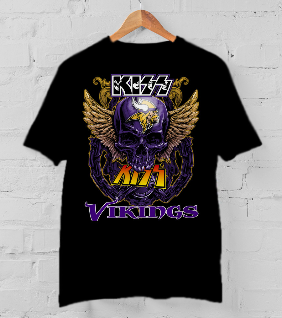 Kiss Vikings Skull With Minnesota Vikings Logo And Wings T-Shirt