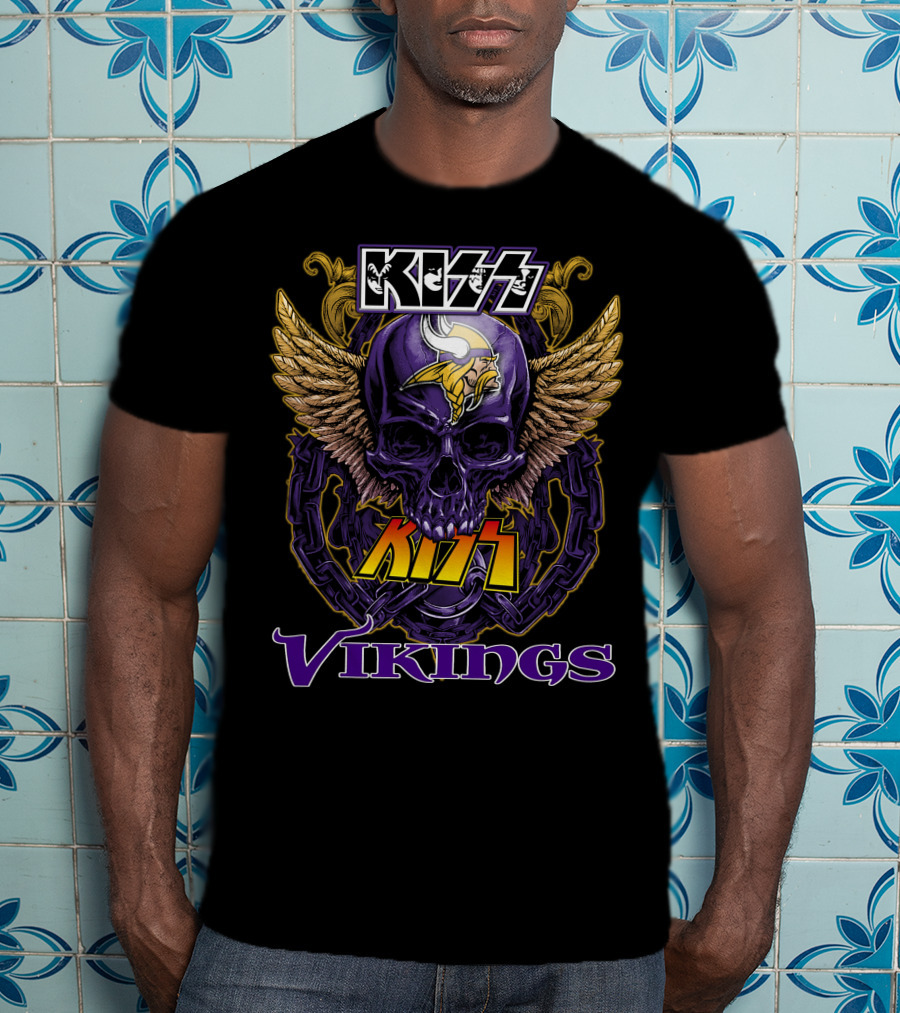 Kiss Vikings Skull With Minnesota Vikings Logo And Wings T-Shirt