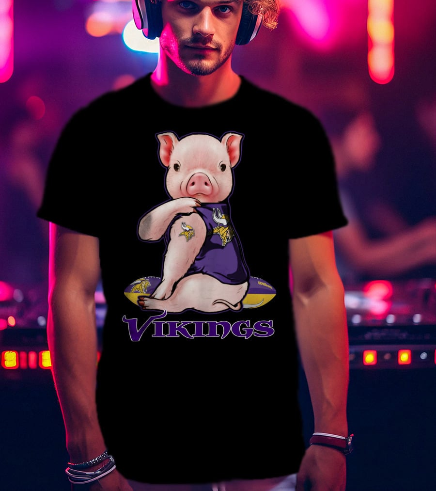 Pig In Minnesota Vikings Jersey With Football T-Shirt