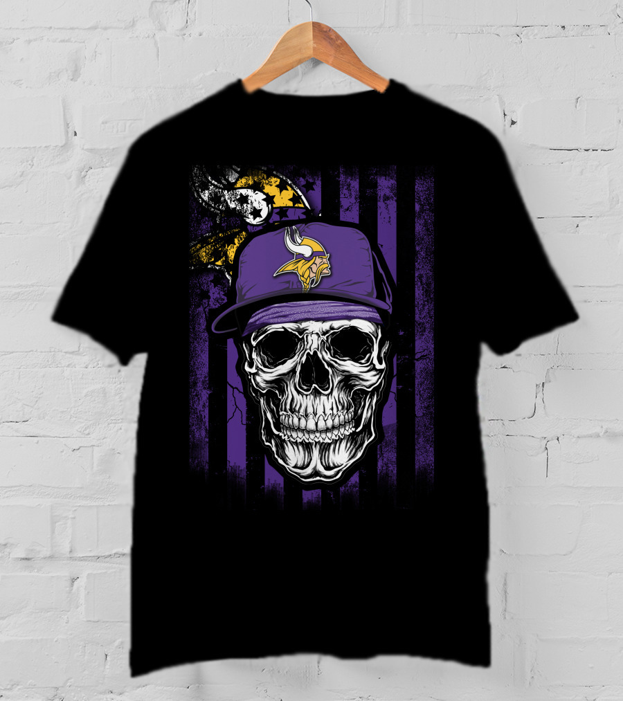 Skull With Minnesota Vikings Hat And Viking Logo On Purple And Black Stripes T-Shirt