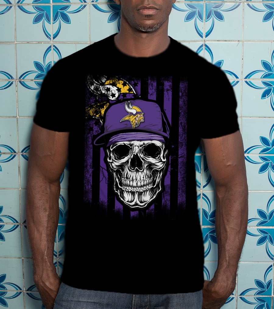 Skull With Minnesota Vikings Hat And Viking Logo On Purple And Black Stripes T-Shirt