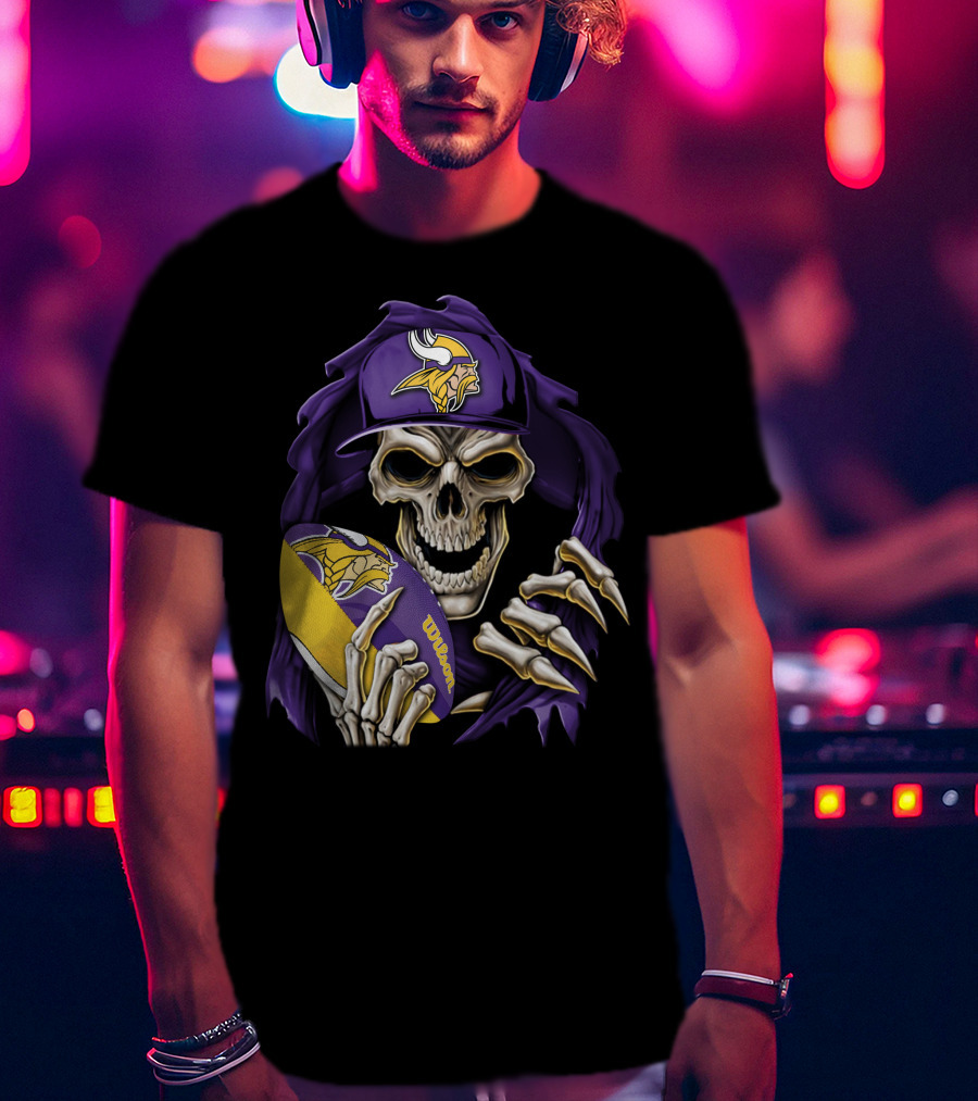 Minnesota Vikings Skull With Football And Cap T-Shirt
