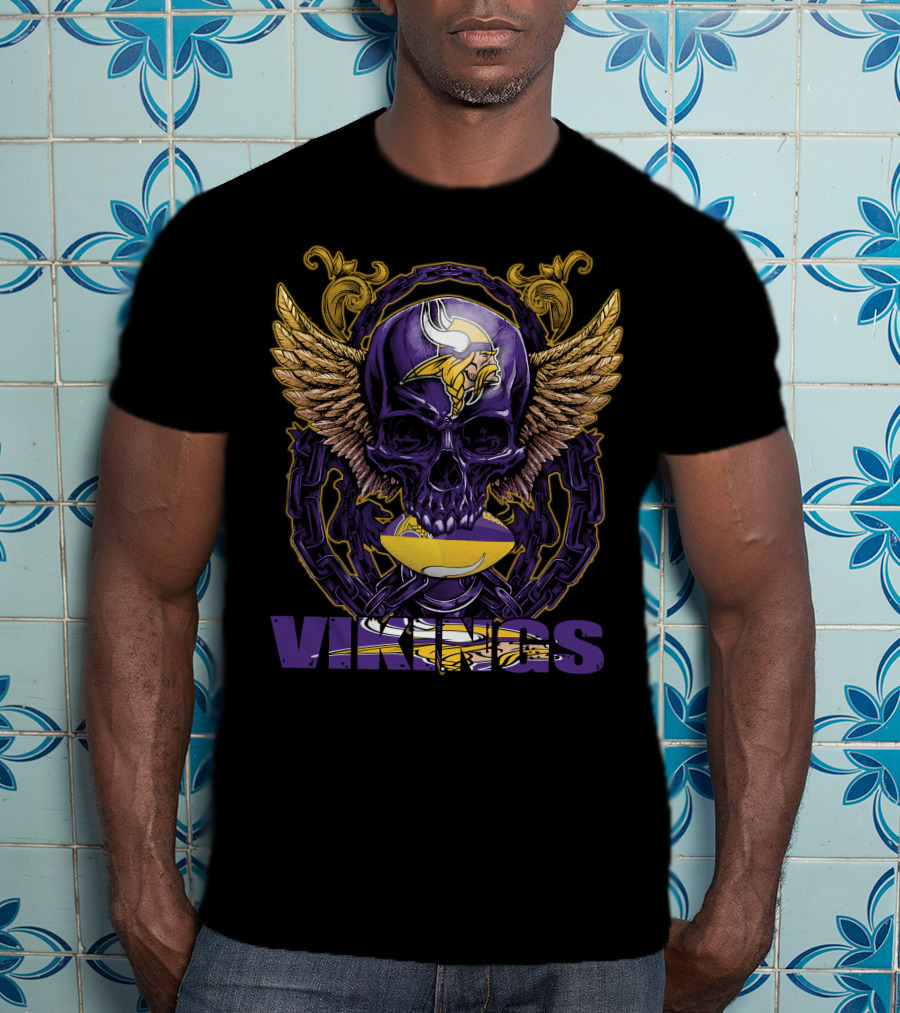 Skullfb Minnesota Vikings Winged Skull And Football Helmet T-Shirt