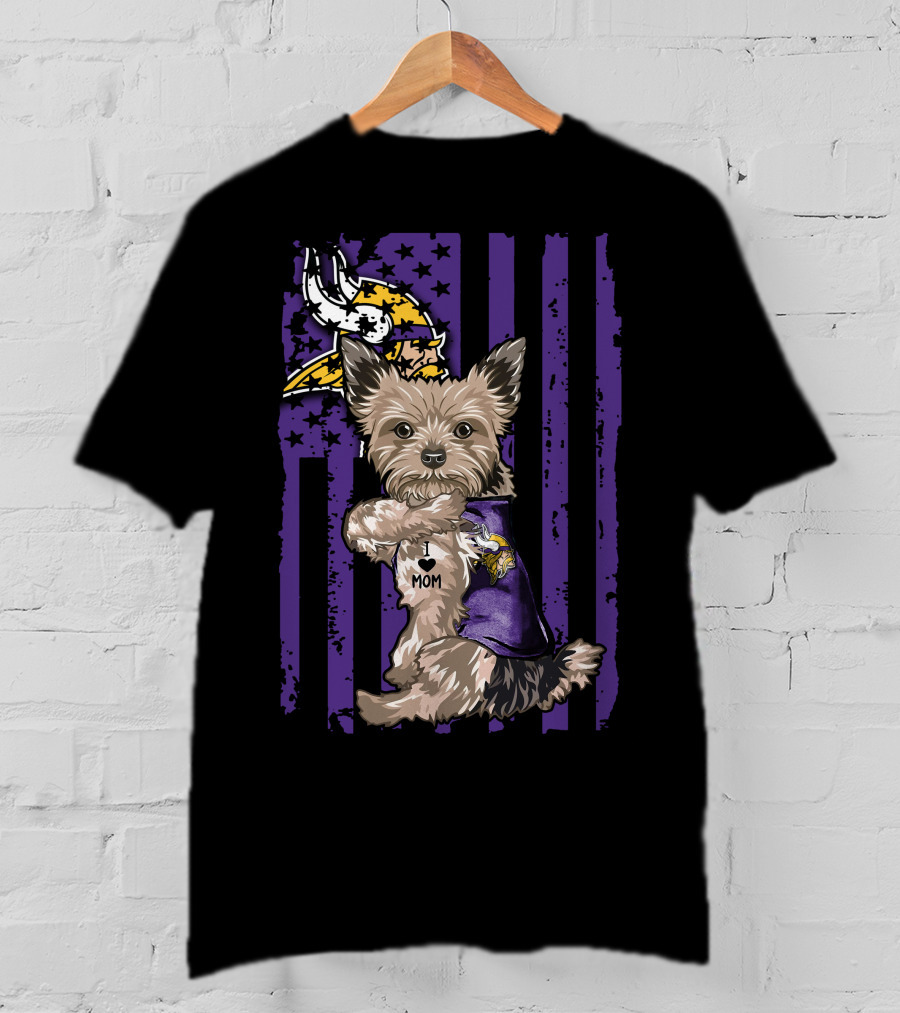 Yorkshire Terrier Wearing Minnesota Vikings I Love Mom Shirt With Viking Head And Purple Distressed Stripes Background T-Shirt