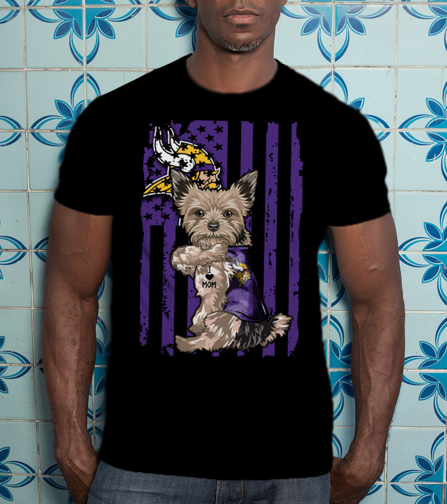 Yorkshire Terrier Wearing Minnesota Vikings I Love Mom Shirt With Viking Head And Purple Distressed Stripes Background T-Shirt