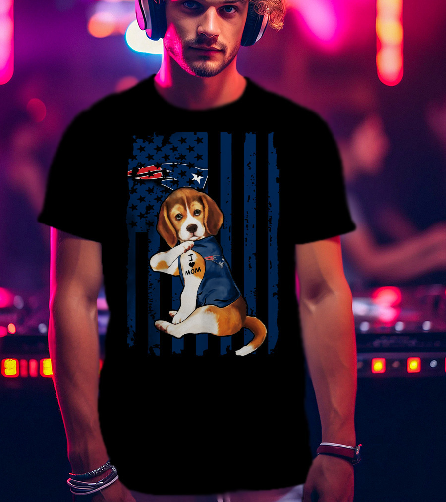 Patriotic Beagle Wearing New England Patriots Jersey I Love Mom T-Shirt