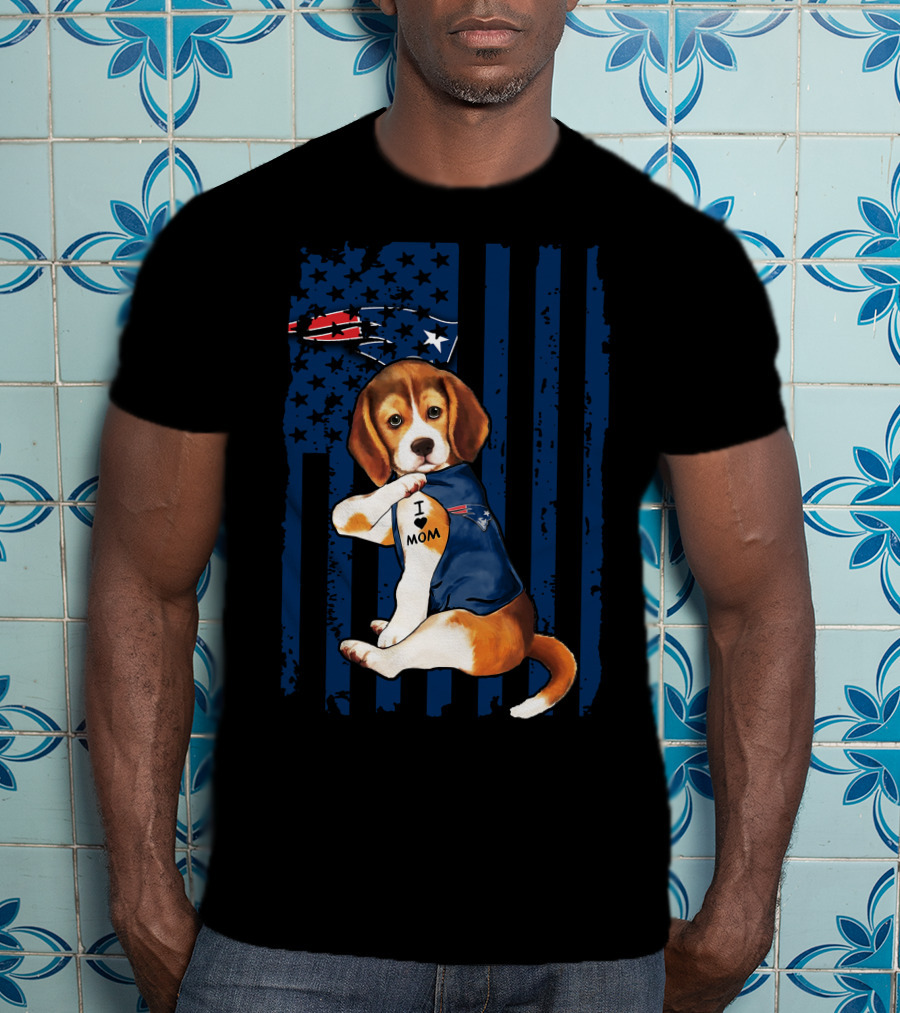 Patriotic Beagle Wearing New England Patriots Jersey I Love Mom T-Shirt