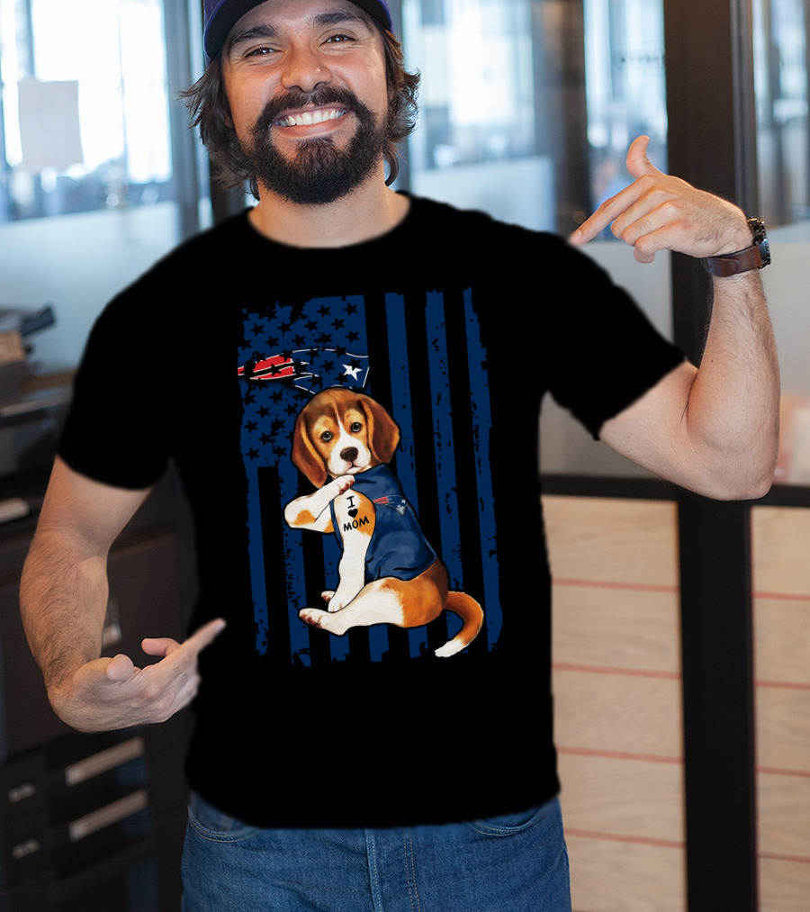 Patriotic Beagle Wearing New England Patriots Jersey I Love Mom T-Shirt