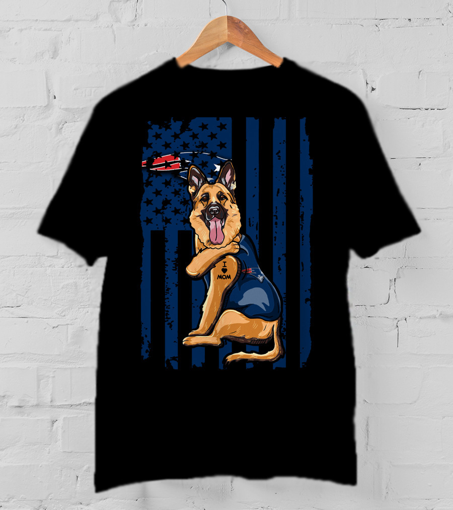 German Shepherd I Love Mom New England Patriots Fan USA Flag T-Shirt