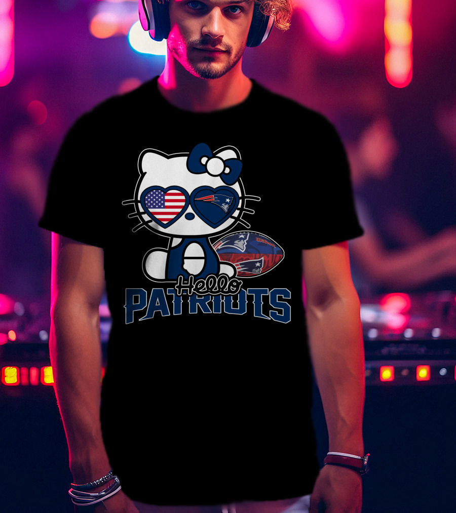 Hello Kitty New England Patriots Football Fan Icon With American Flag Sunglasses T-Shirt