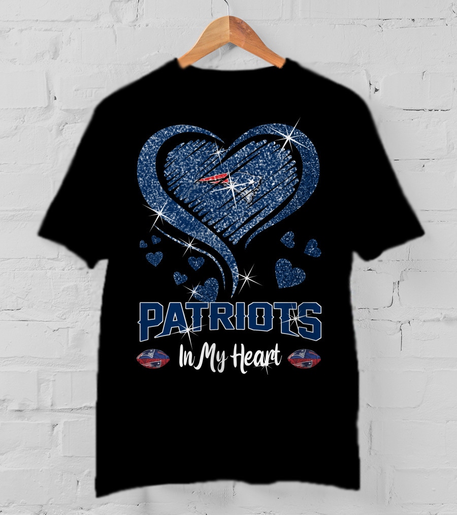 Patriots In My Heart New England Football Sparkle Hearts T-Shirt