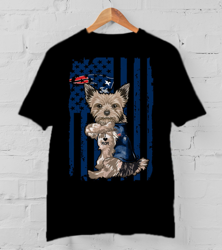 Yorkshire Terrier With I Love Mom Vest And New England Patriots Themed Background T-Shirt