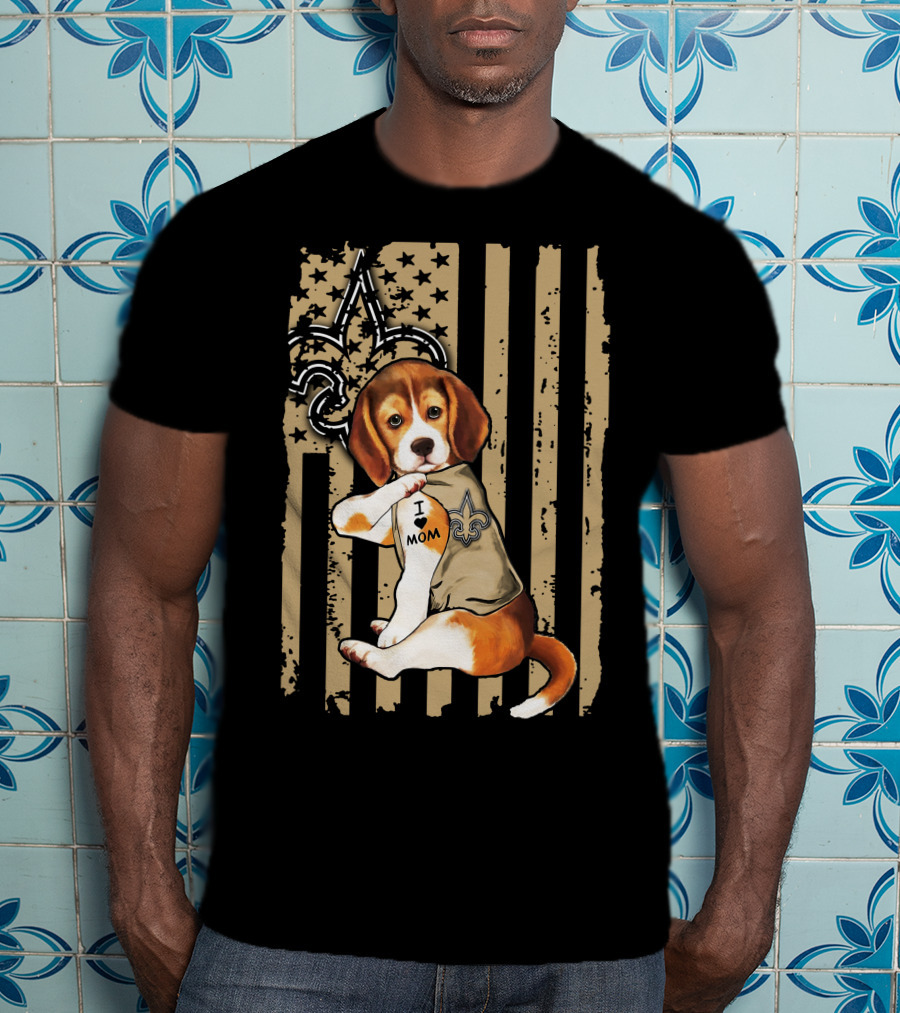 Beagle I Love Mom New Orleans Saints Fleur-de-Lis American Flag T-Shirt