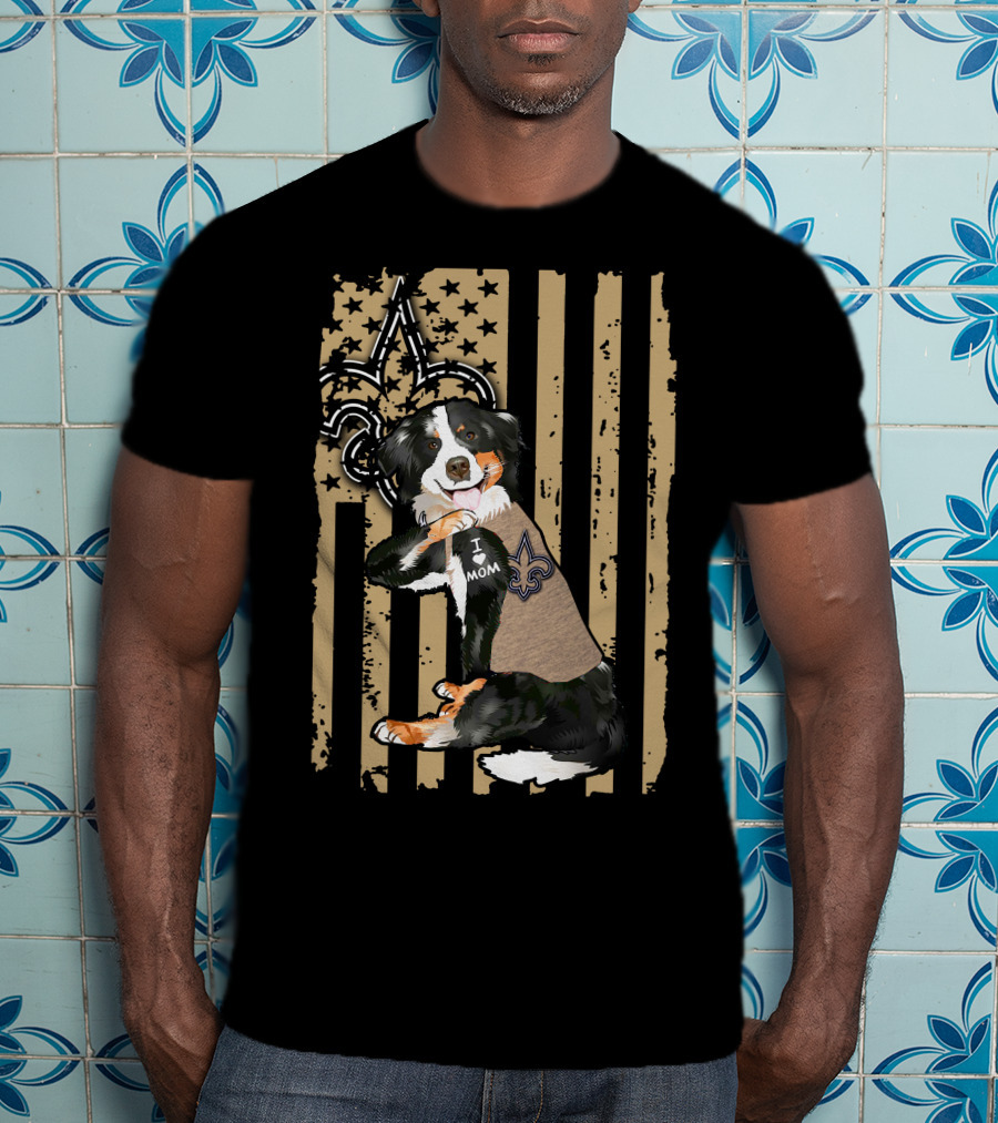 Border Collie I Love Mom New Orleans Saints Fleur-de-Lis Stripes T-Shirt