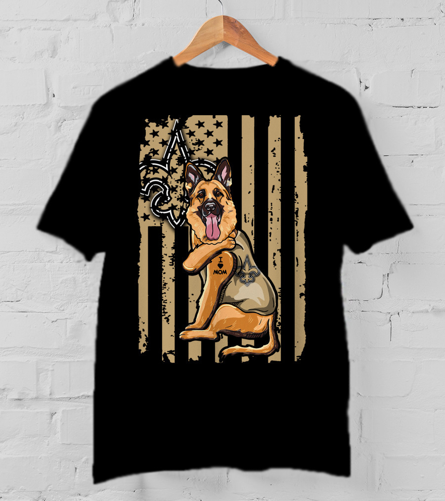 German Shepherd I Love Mom New Orleans Saints Fleur-de-Lis American Flag T-Shirt