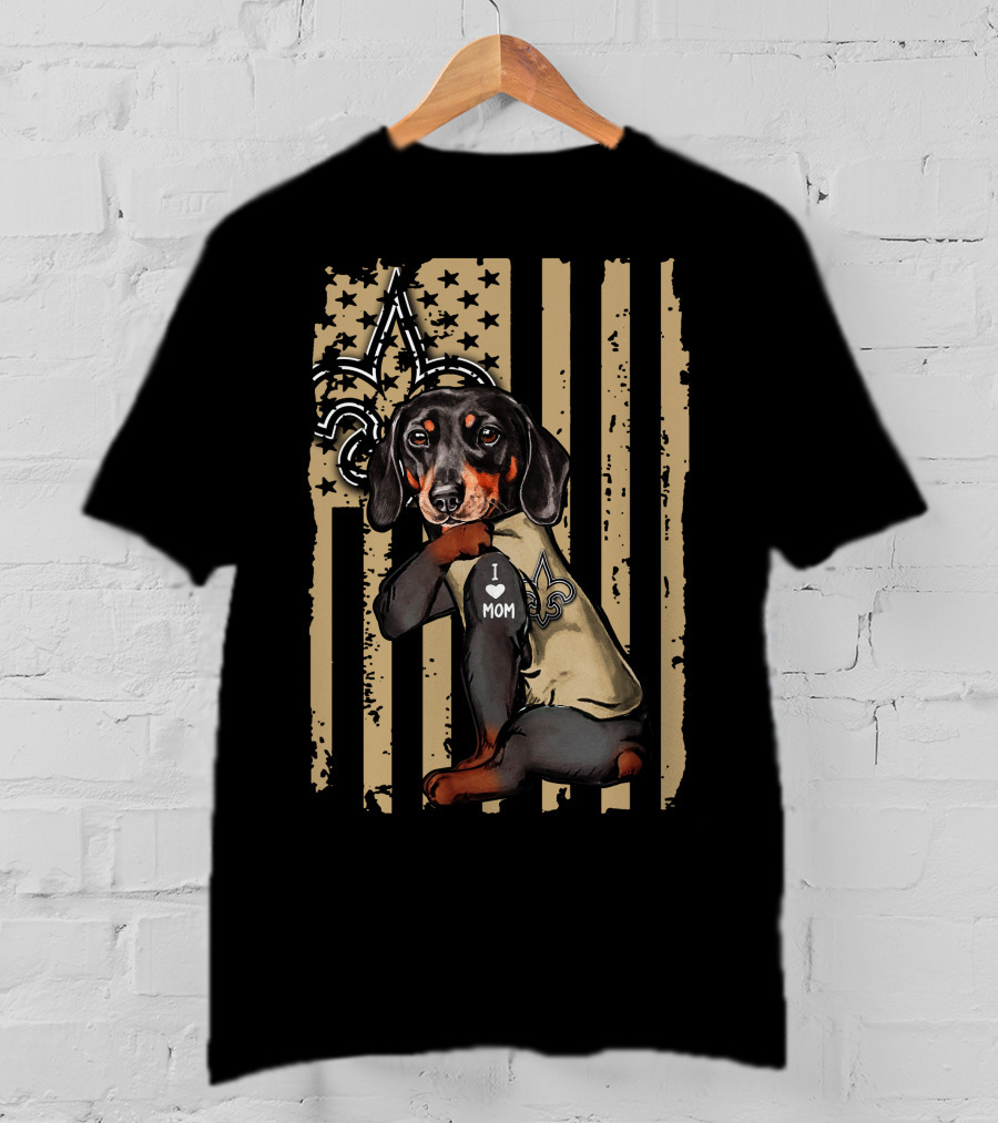 Dachshund I Love Mom New Orleans Saints Fleur-de-Lis Stars Stripes T-Shirt