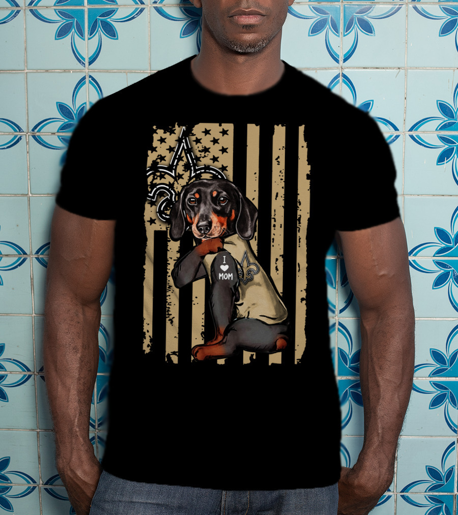 Dachshund I Love Mom New Orleans Saints Fleur-de-Lis Stars Stripes T-Shirt