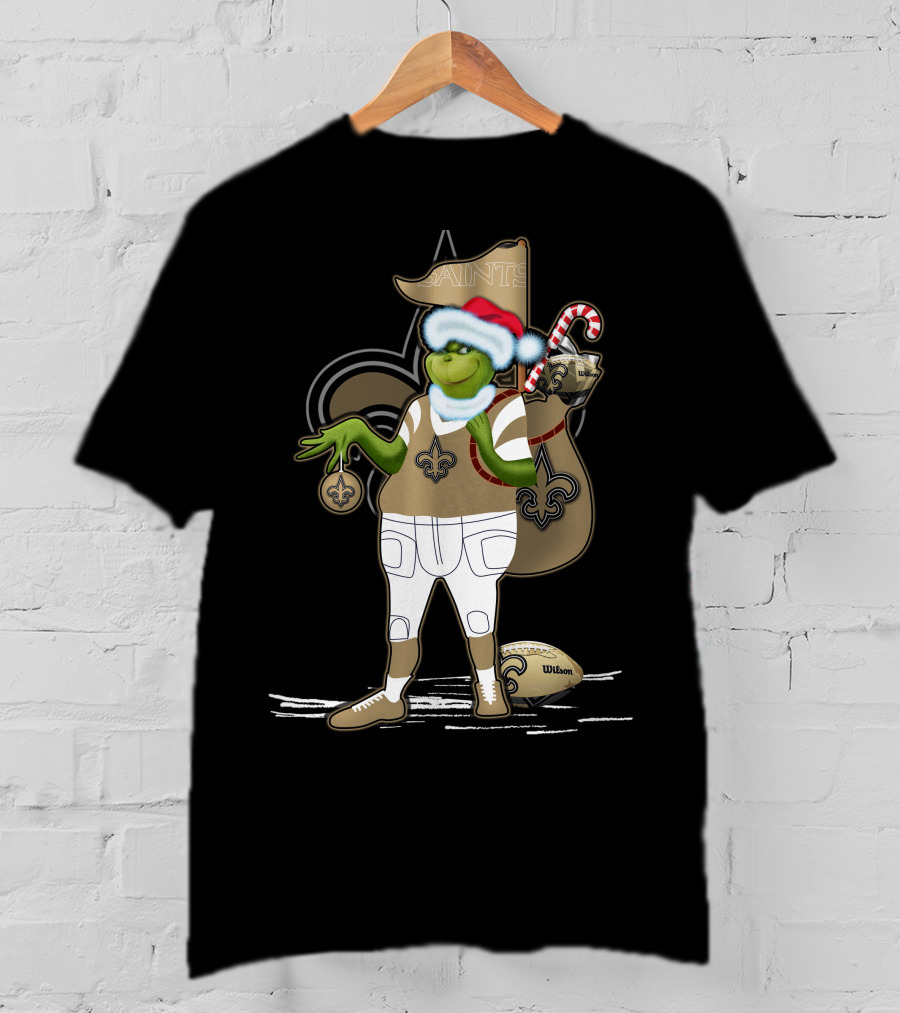 Grinchxmas Santa Hat New Orleans Saints Football Fleur-De-Lis Candy Cane Sack T-Shirt