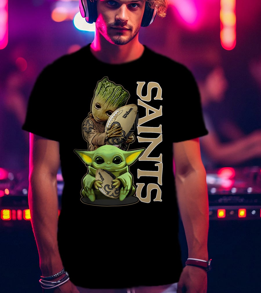 Grzd New Orleans Saints Groot And Baby Yoda Football T-Shirt