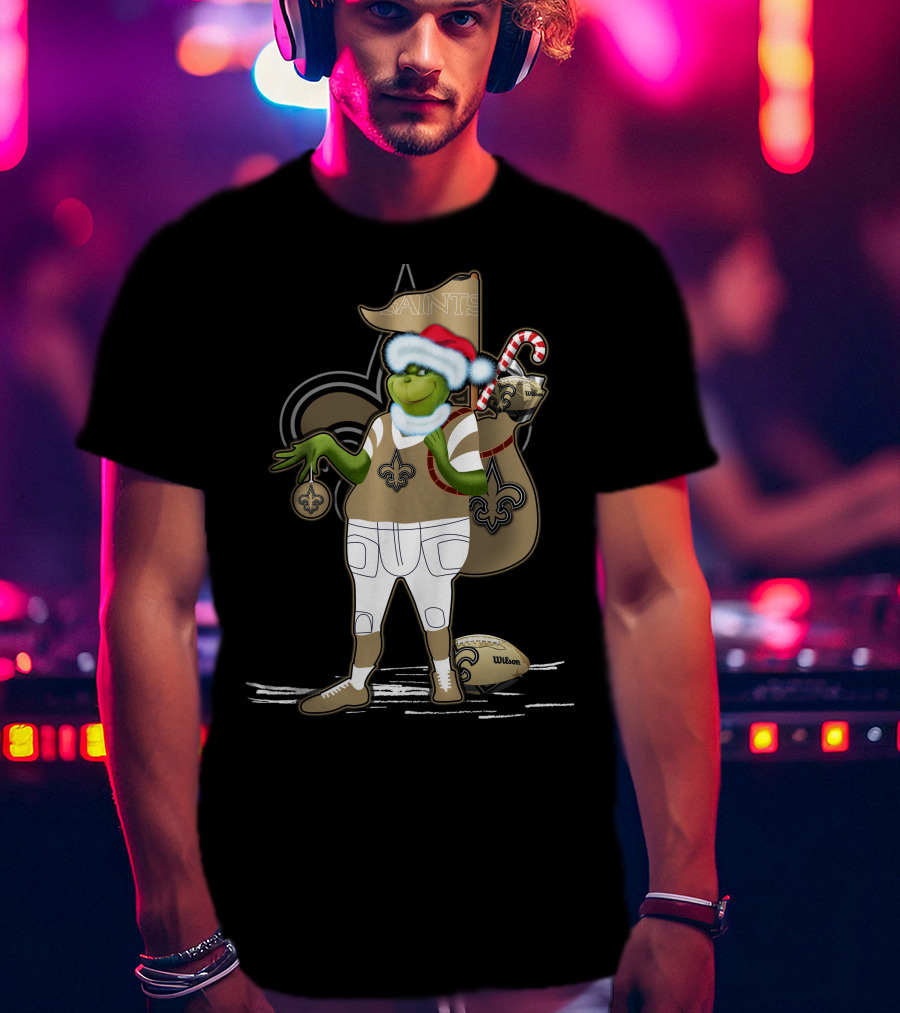 Grinchxmas New Orleans Saints Football Holiday Fun With Santa Hat And Fleur-de-Lis T-Shirt