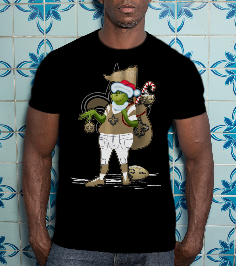 Grinchxmas New Orleans Saints Football Holiday Fun With Santa Hat And Fleur-de-Lis T-Shirt