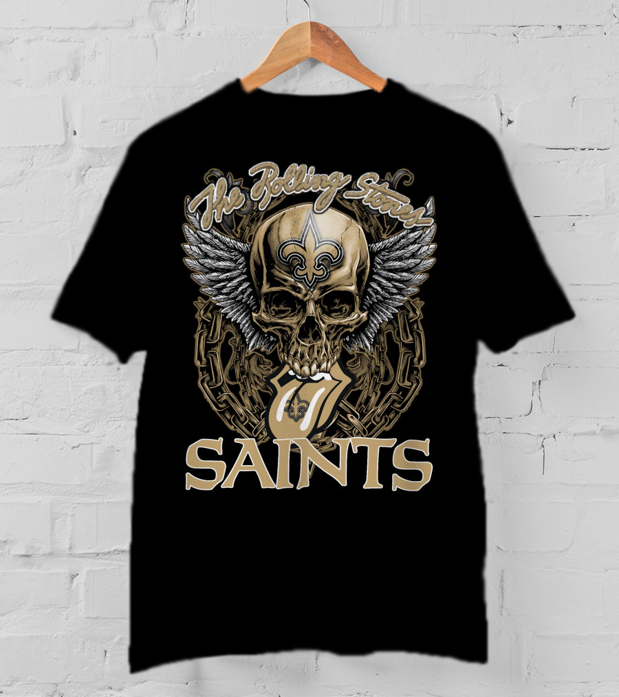The Rolling Stones New Orleans Saints Skull And Winged Logo With Fleur-De-Lis And Tongue Chain T-Shirt