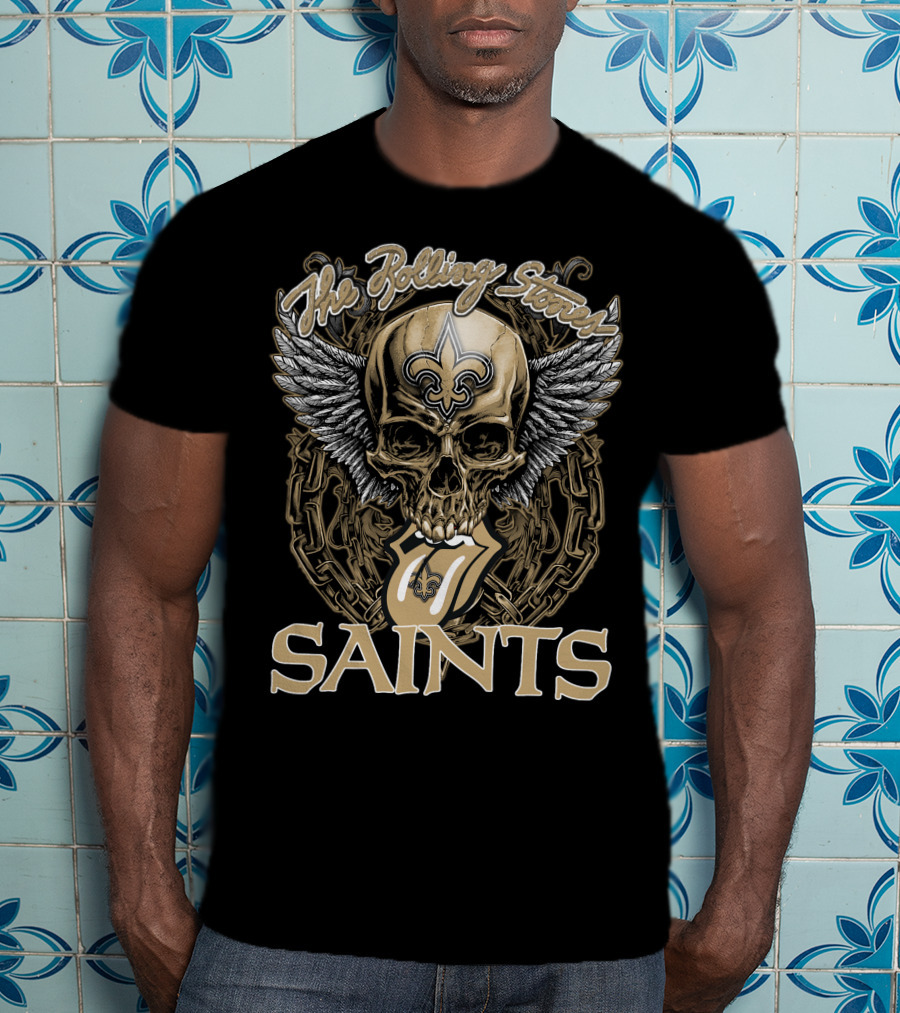 The Rolling Stones New Orleans Saints Skull And Winged Logo With Fleur-De-Lis And Tongue Chain T-Shirt