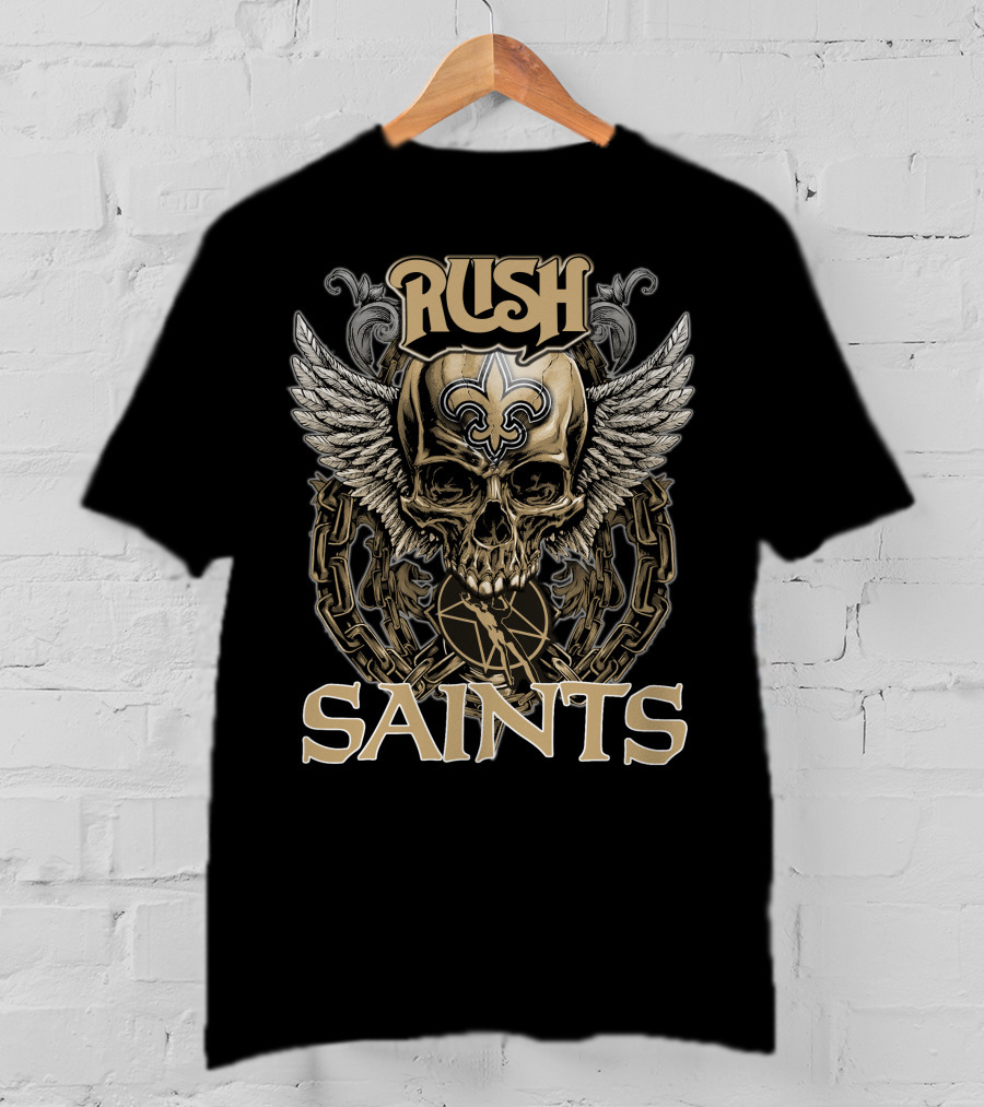 Rush New Orleans Saints Skull With Wings And Chains Fleur-de-Lis Emblem T-Shirt
