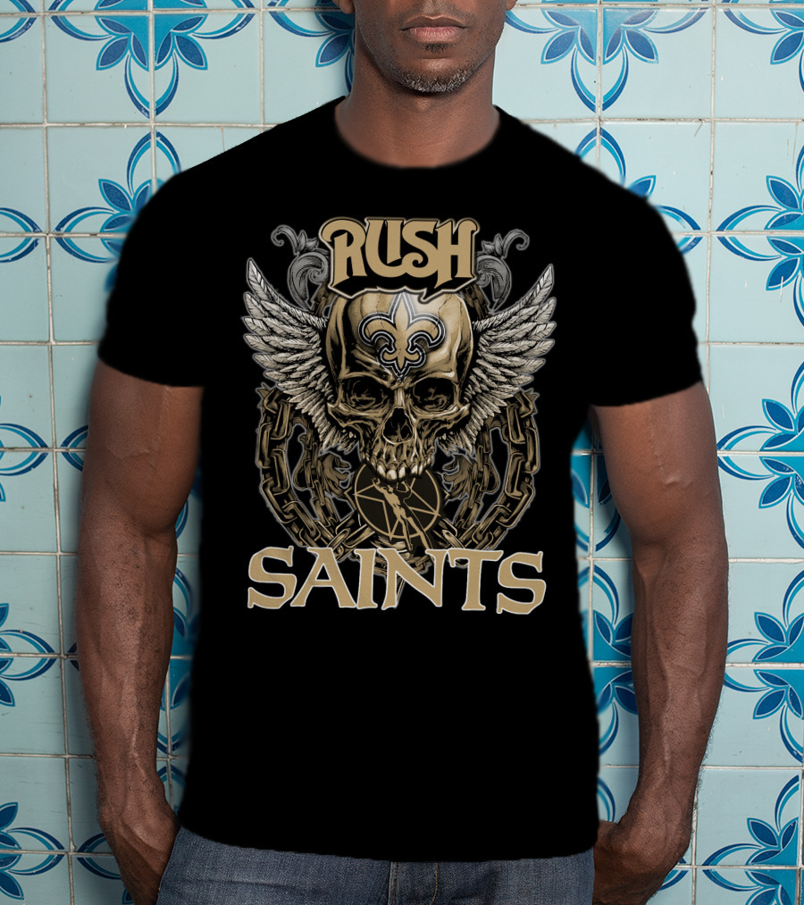 Rush New Orleans Saints Skull With Wings And Chains Fleur-de-Lis Emblem T-Shirt