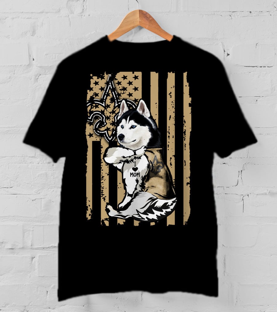 Siberian Husky Mom New Orleans Saints Fleur-de-Lis American Flag T-Shirt