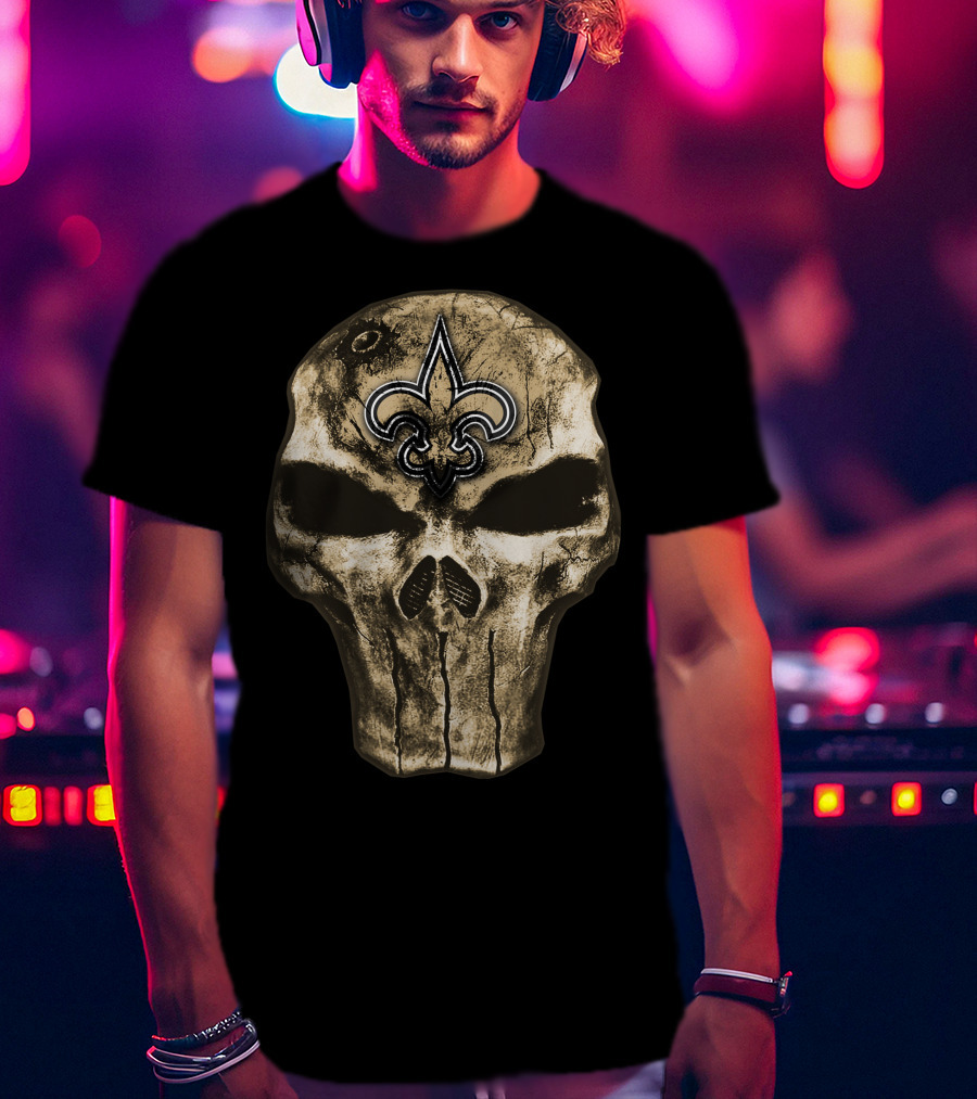 Skull V4 New Orleans Saints Fleur-De-Lis Emblem T-Shirt