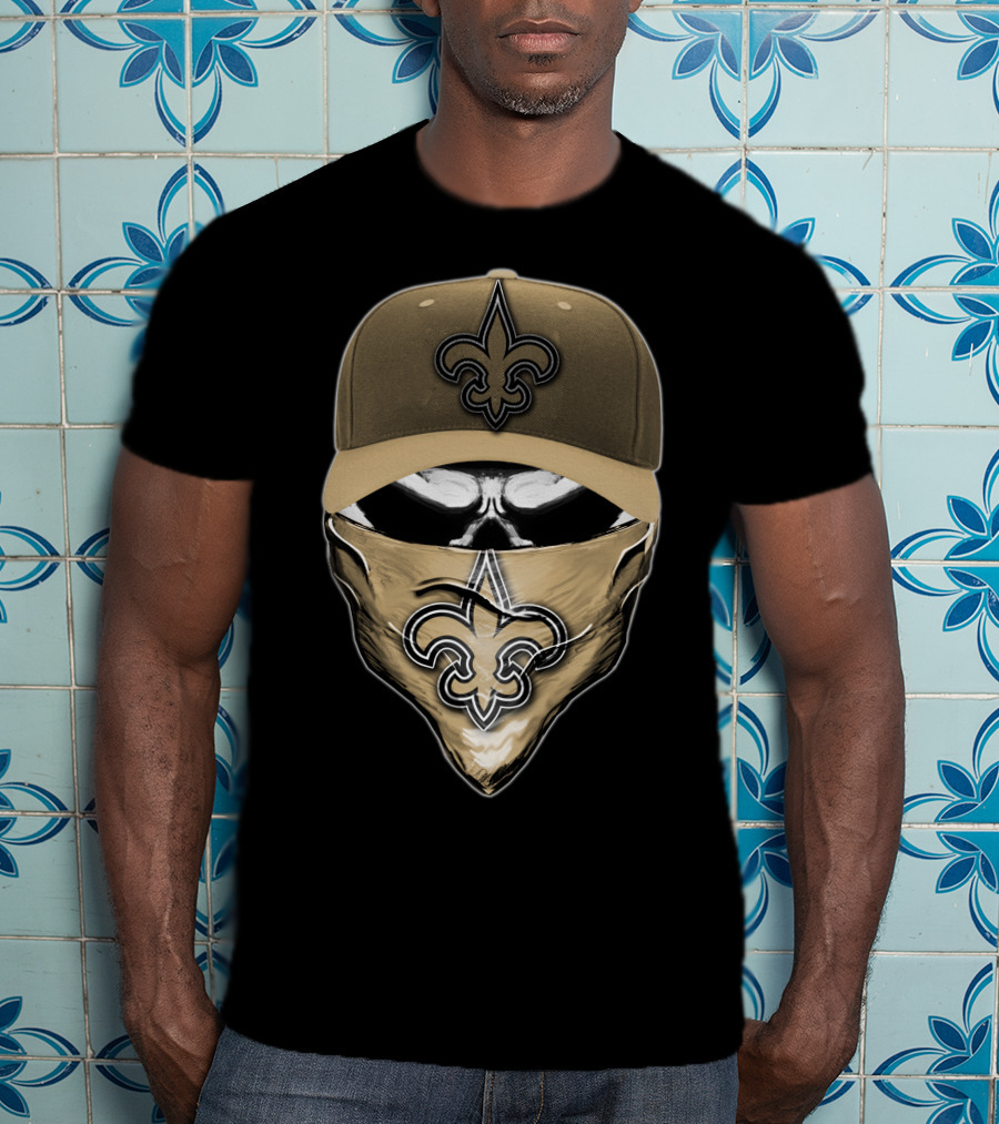 Skull V6 New Orleans Saints Fleur-de-Lis Mask And Cap T-Shirt