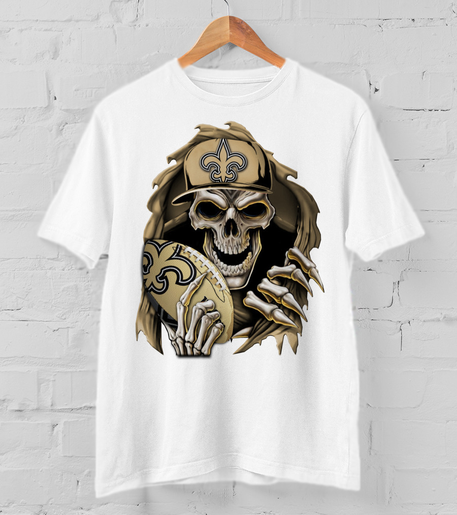 Skullbong New Orleans Saints Skeleton Holding Football With Fleur-de-Lis Cap T-Shirt
